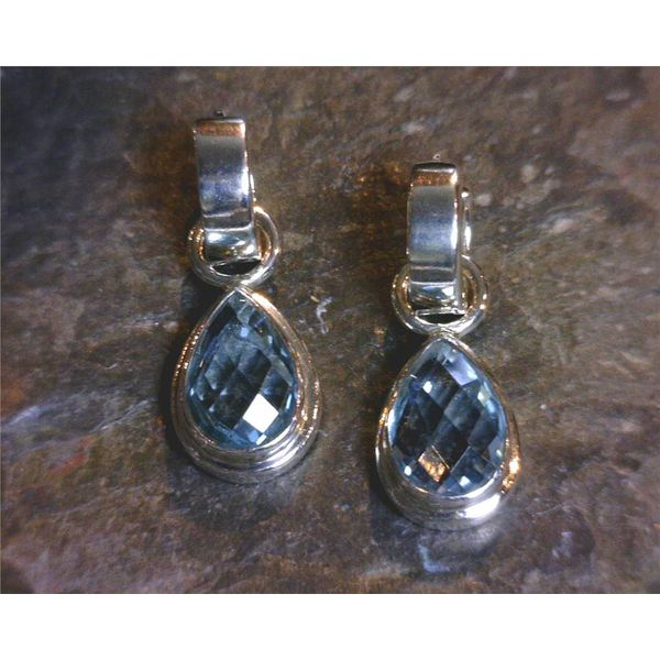 Sterling Silver Huggie Earrings with Two Pear Cut Blue Topazes Bluestone Jewelry Tahoe City, CA