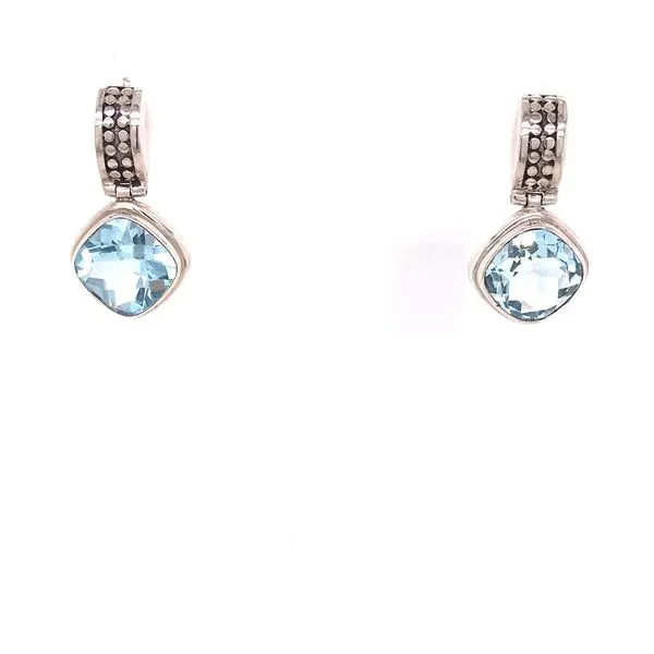 Sterling Silver Wire Earrings with Two Cushion Cut Blue Topazes Bluestone Jewelry Tahoe City, CA