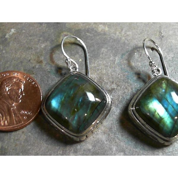 Sterling Silver Wire Earrings with Two Square Cut Labradorites Image 2 Bluestone Jewelry Tahoe City, CA