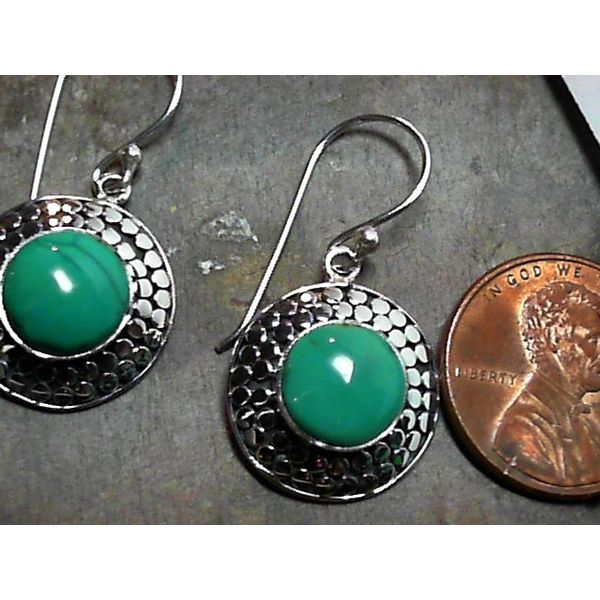 Silver Double Dot Designer Wire Earrings with Turquoise Image 2 Bluestone Jewelry Tahoe City, CA