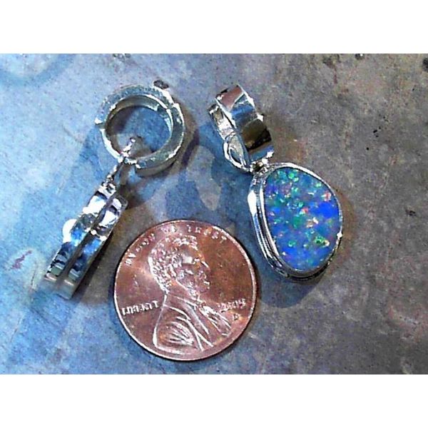 Sterling Silver Huggie Earrings with Two Australian Opals Image 2 Bluestone Jewelry Tahoe City, CA
