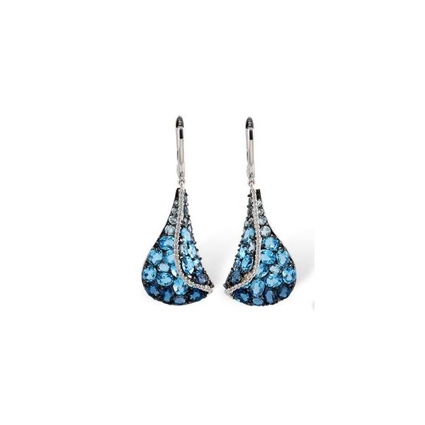 14KWG Earrings w/ London, Sky & Swiss Blue Topaz & Diamonds Bluestone Jewelry Tahoe City, CA