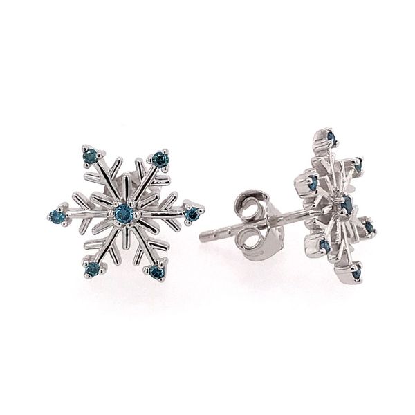 Sterling Silver Rhodium Plated Snowflake Stud Earrings with Blue Diamonds Bluestone Jewelry Tahoe City, CA