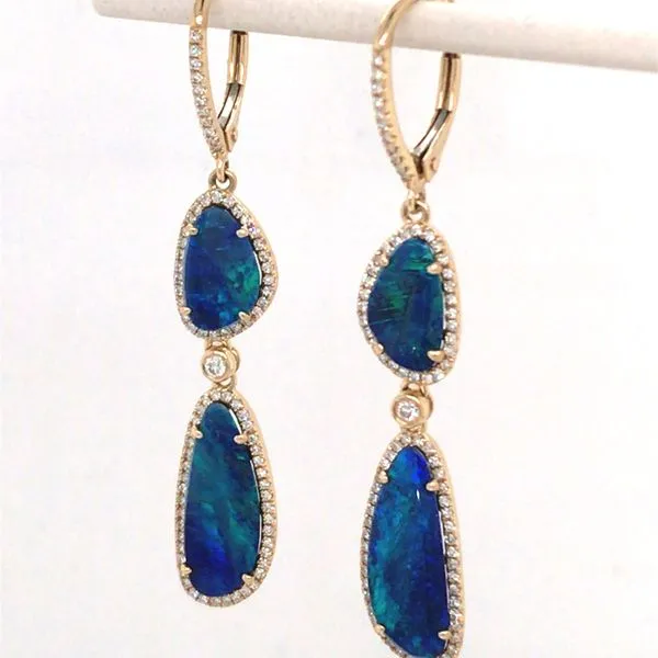 14K Yellow Gold Earrings  w/ Black Australian Opal & Diamonds Image 2 Bluestone Jewelry Tahoe City, CA