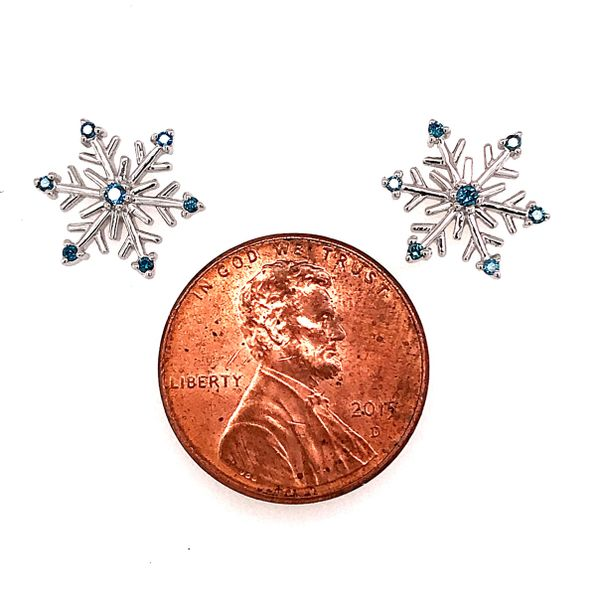 14 Karat White Gold Snowflake Earrings with Blue Diamonds Image 2 Bluestone Jewelry Tahoe City, CA