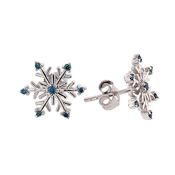 14 Karat White Gold Snowflake Earrings with Blue Diamonds Bluestone Jewelry Tahoe City, CA