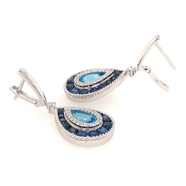 14KW Gold Earrings w/ Swiss Blue Topaz, Blue Sapphires & Diamonds Image 2 Bluestone Jewelry Tahoe City, CA