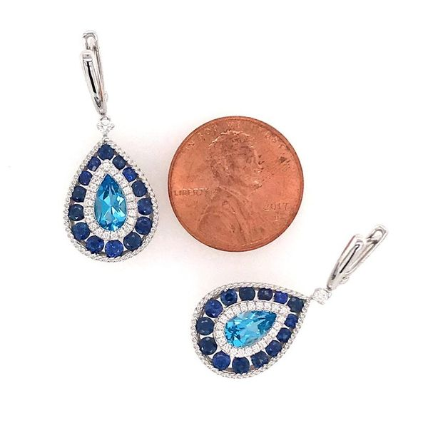 14KW Gold Earrings w/ Swiss Blue Topaz, Blue Sapphires & Diamonds Image 3 Bluestone Jewelry Tahoe City, CA