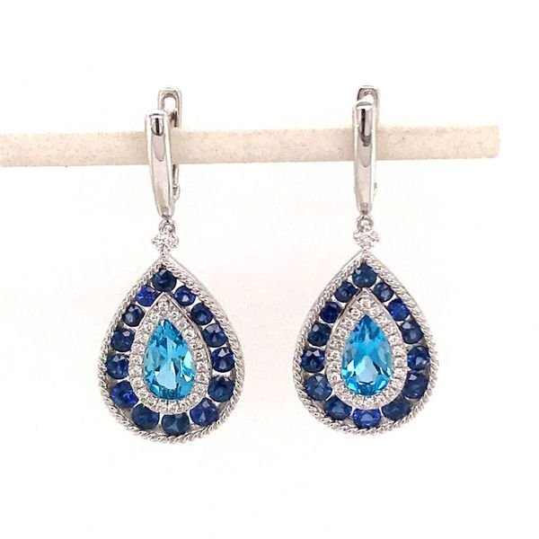 14KW Gold Earrings w/ Swiss Blue Topaz, Blue Sapphires & Diamonds Bluestone Jewelry Tahoe City, CA