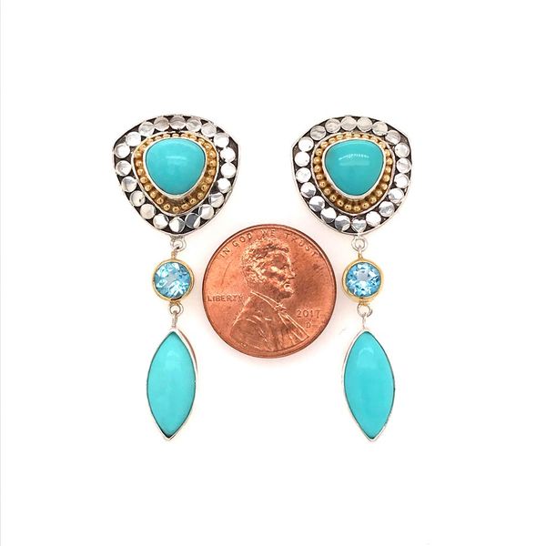 Silver & 22k Yellow Gold Earrings w/ Turquoises & Blue Topaz Image 2 Bluestone Jewelry Tahoe City, CA