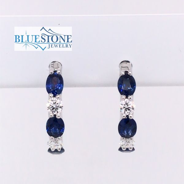 18K White Gold Royal Blue Sapphire and Diamond Huggy Earrings Image 2 Bluestone Jewelry Tahoe City, CA