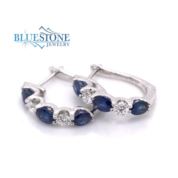 18K White Gold Royal Blue Sapphire and Diamond Huggy Earrings Bluestone Jewelry Tahoe City, CA