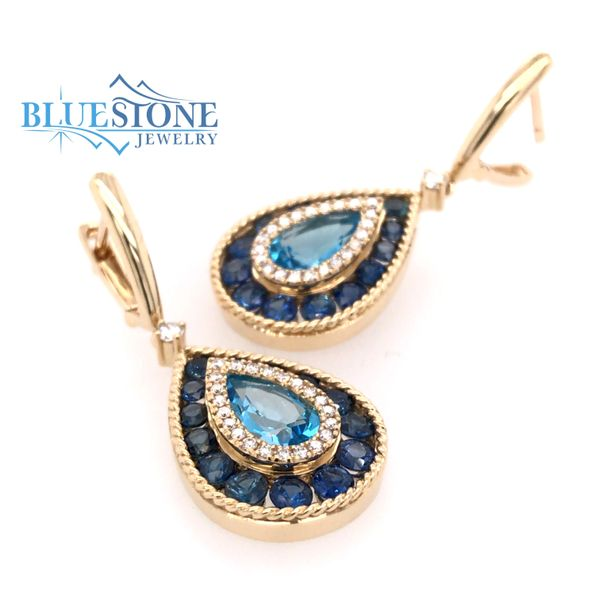 14kt Yellow Gold Earrings w/ Swiss Blue Topaz, Blue Sapphires & Diamonds Image 2 Bluestone Jewelry Tahoe City, CA