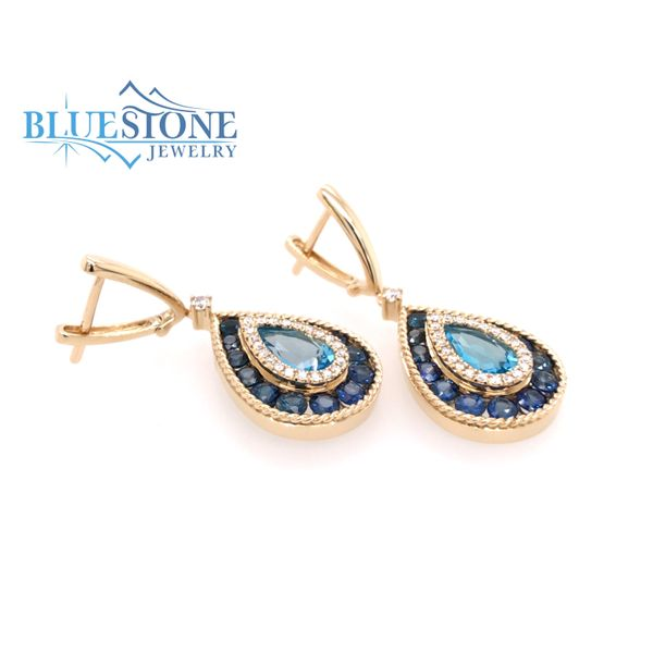 14kt Yellow Gold Earrings w/ Swiss Blue Topaz, Blue Sapphires & Diamonds Image 3 Bluestone Jewelry Tahoe City, CA