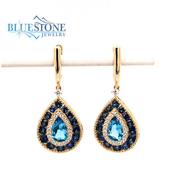 14kt Yellow Gold Earrings w/ Swiss Blue Topaz, Blue Sapphires & Diamonds Bluestone Jewelry Tahoe City, CA