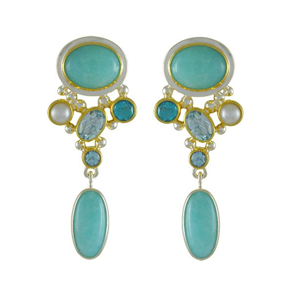 Silver & Gold Earrings with Amazonite, Pearl and Topaz Bluestone Jewelry Tahoe City, CA