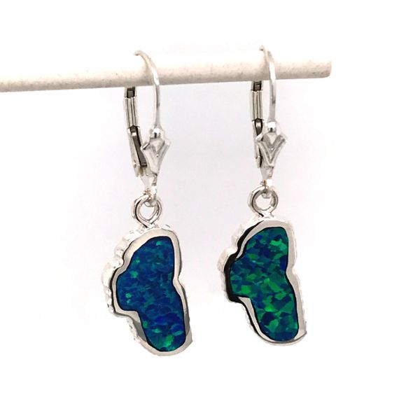 Medium Sterling Silver Lab Grown Opal Lake Tahoe Earrings Leverbacks. Bluestone Jewelry Tahoe City, CA