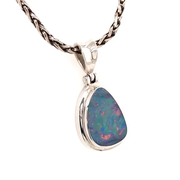 Medium Silver Australian Opal Pendant on a Handwoven Chain Image 2 Bluestone Jewelry Tahoe City, CA