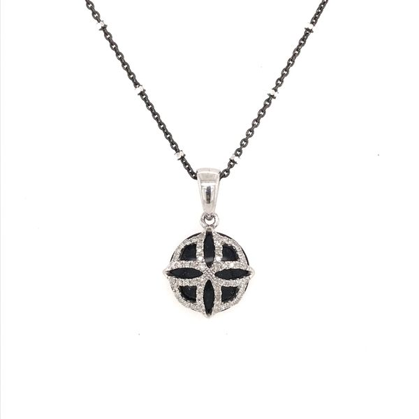 Round Black Onyx Sterling Silver Pendant with Round Diamonds on an 18