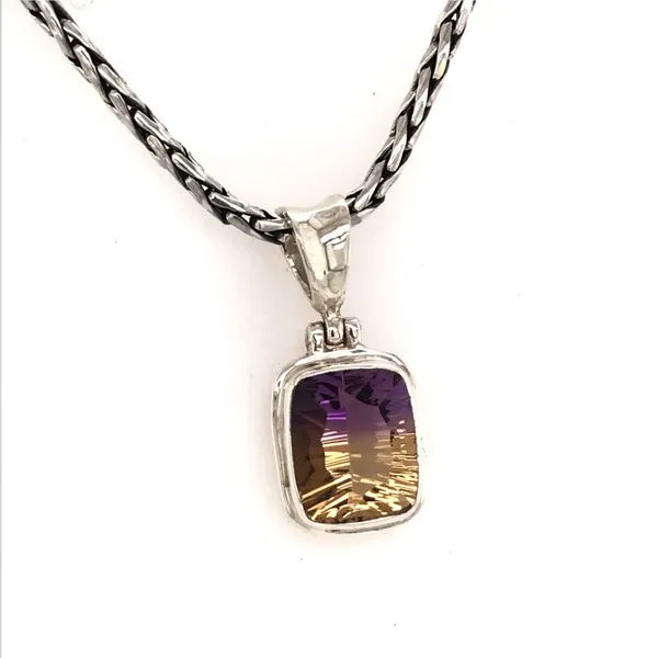 Sterling Silver Rectangular Cushion Cut Bi-Colored Amitrine Pendant on 17'' Handwoven Chain Bluestone Jewelry Tahoe City, CA