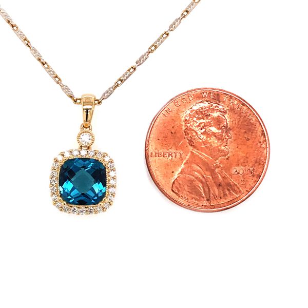 14 Karat Yellow Gold London Blue Topaz and Diamond Pendant Image 3 Bluestone Jewelry Tahoe City, CA