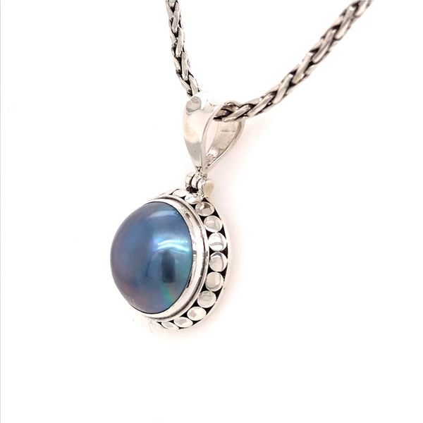 Sterling Silver Grey Blue Mabe Pearl Pendant on aHandwoven Chain Image 2 Bluestone Jewelry Tahoe City, CA