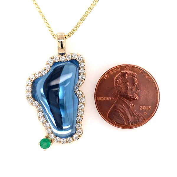 XL 14 Karat Yellow Gold Hydro Topaz Lake Tahoe Outline Pendant with Solid Back with Emerald Image 4 Bluestone Jewelry Tahoe City, CA