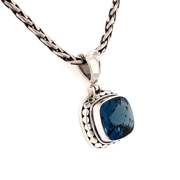 Small Silver London Blue Topaz Pendant on a Handwoven Chain Image 2 Bluestone Jewelry Tahoe City, CA