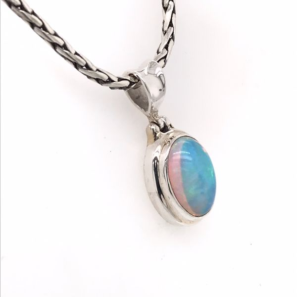 Small Silver Ethiopian Opal Pendant on a Handwoven Chain Image 2 Bluestone Jewelry Tahoe City, CA