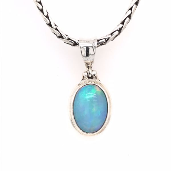 Small Silver Ethiopian Opal Pendant on a Handwoven Chain Bluestone Jewelry Tahoe City, CA