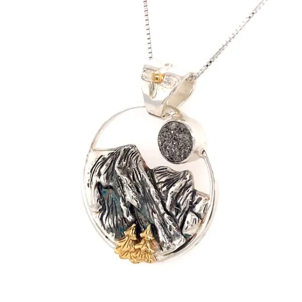 Silver & Gold Mountain Pendant with Druzy Image 2 Bluestone Jewelry Tahoe City, CA
