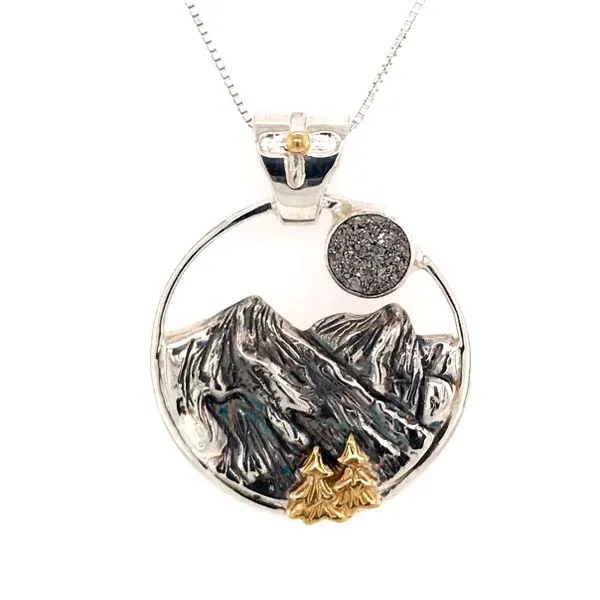 Silver & Gold Mountain Pendant with Druzy Bluestone Jewelry Tahoe City, CA
