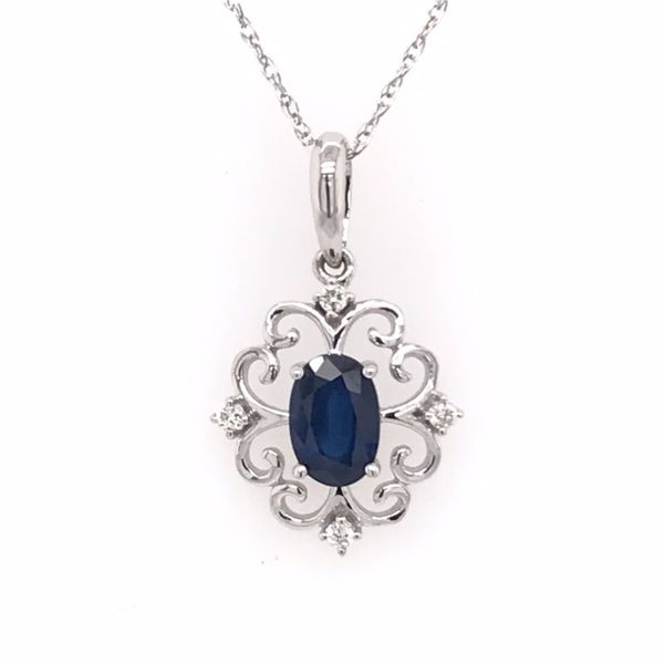14 Karat White Gold Sapphire and Diamond Pendant with Chain Bluestone Jewelry Tahoe City, CA
