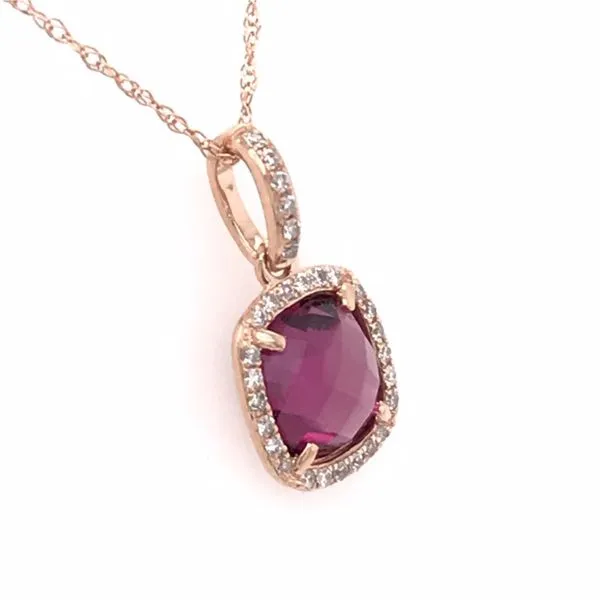 14 Karat Rose Gold Rhodolite Garnet and Diamond Pendant with Chain Image 2 Bluestone Jewelry Tahoe City, CA