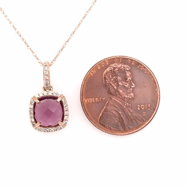 14 Karat Rose Gold Rhodolite Garnet and Diamond Pendant with Chain Image 3 Bluestone Jewelry Tahoe City, CA