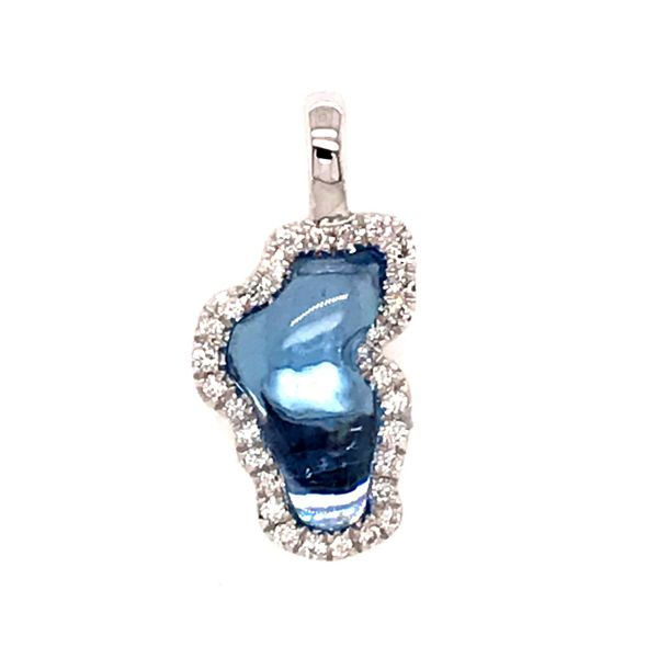 Small 14 Karat White Gold Lake Tahoe Hydro Topaz and Diamond Pendant with Solid Gold Back Bluestone Jewelry Tahoe City, CA