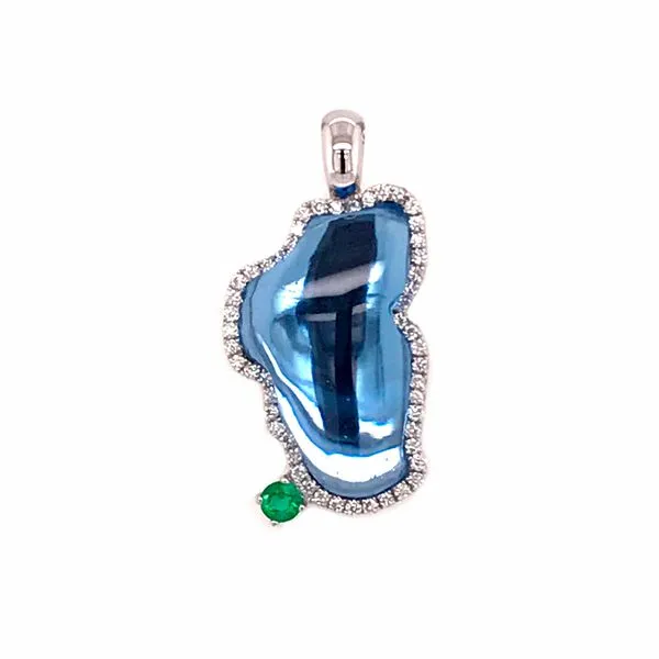 Medium 14 Karat White Gold Pendant with Hydro Topaz, Diamonds and Emerald- With Solid Back Bluestone Jewelry Tahoe City, CA