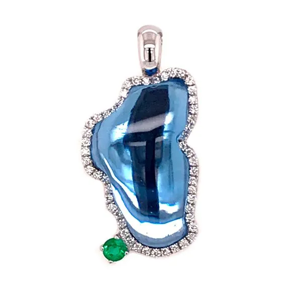 Medium 14 Karat White Gold Pendant with Hydro Topaz, Diamonds and Emerald- With Solid Back Bluestone Jewelry Tahoe City, CA