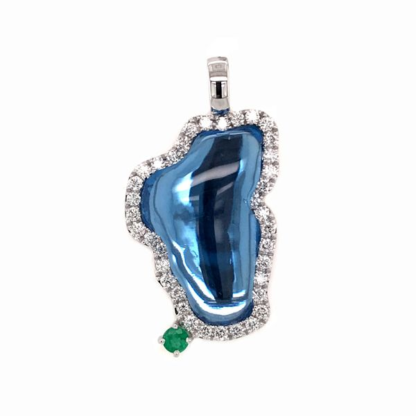 XL 14 Karat White Gold Hydro Topaz Lake Tahoe Outline Pendant with Solid Back with Emerald Bluestone Jewelry Tahoe City, CA