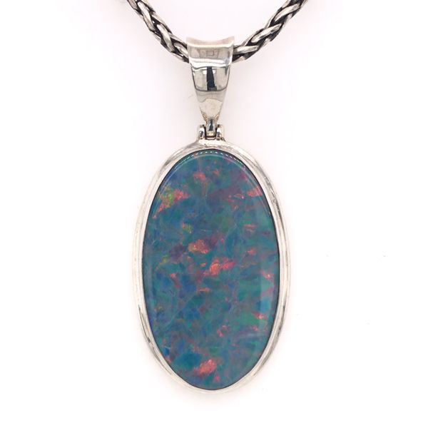 Extra Large Silver Australian Opal Pendant on a Handwoven Chain Bluestone Jewelry Tahoe City, CA