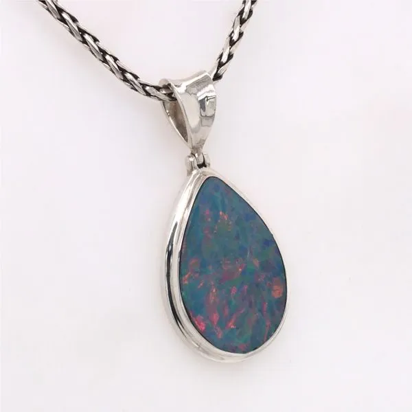 Large Silver Australian Opal Pendant on a Handwoven Chain Image 2 Bluestone Jewelry Tahoe City, CA