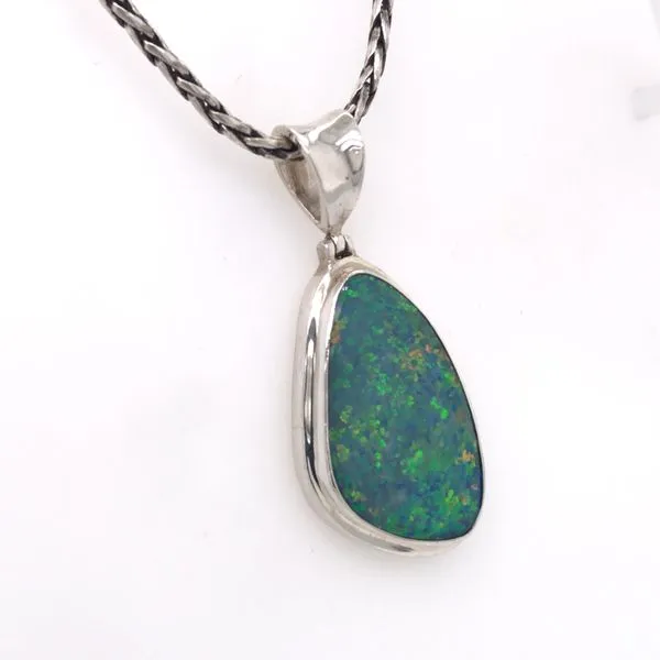 Large Silver Australian Opal Pendant on a Handwoven Chain Image 2 Bluestone Jewelry Tahoe City, CA