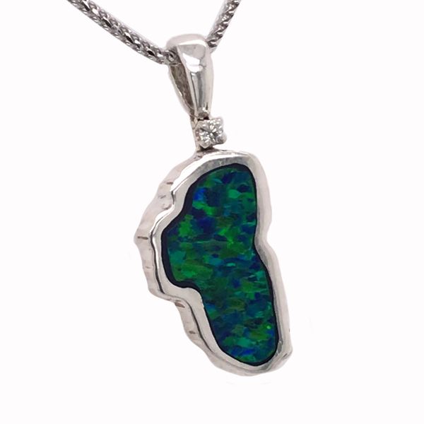 Silver Medium Lake Tahoe Pendant with Lab Grown Opal and CZ in bail Bluestone Jewelry Tahoe City, CA