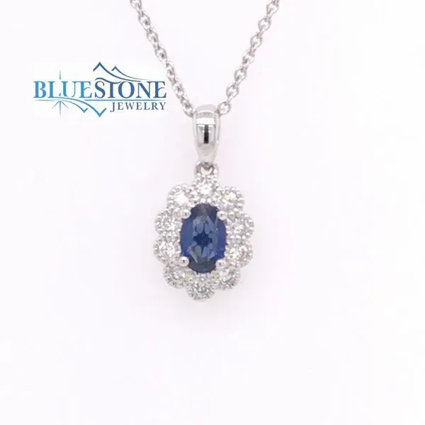 14K White Gold Pendant w/ Oval Blue Sapphire & Diamonds Bluestone Jewelry Tahoe City, CA