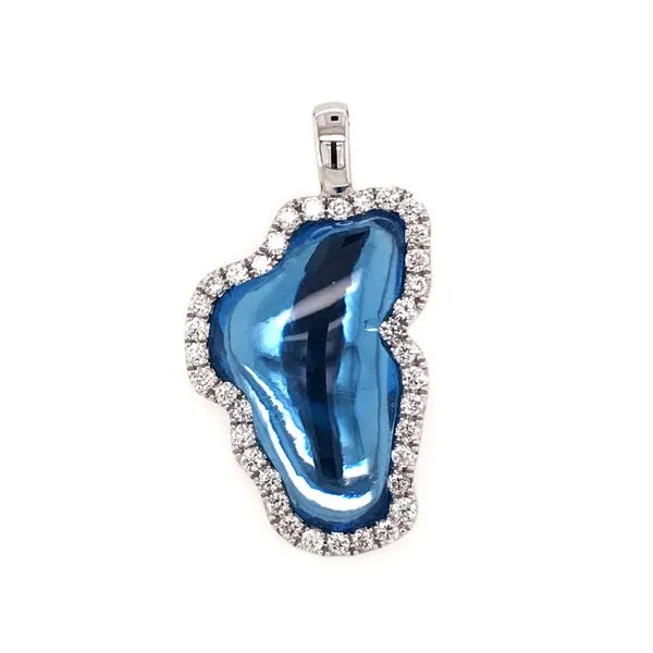 XL 14 Karat White Gold Hydro Topaz Lake Tahoe Outline Pendant with Solid Back Bluestone Jewelry Tahoe City, CA