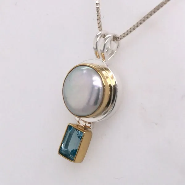 Silver & Gold Pendant with Pearl and Topaz with Chain Image 2 Bluestone Jewelry Tahoe City, CA
