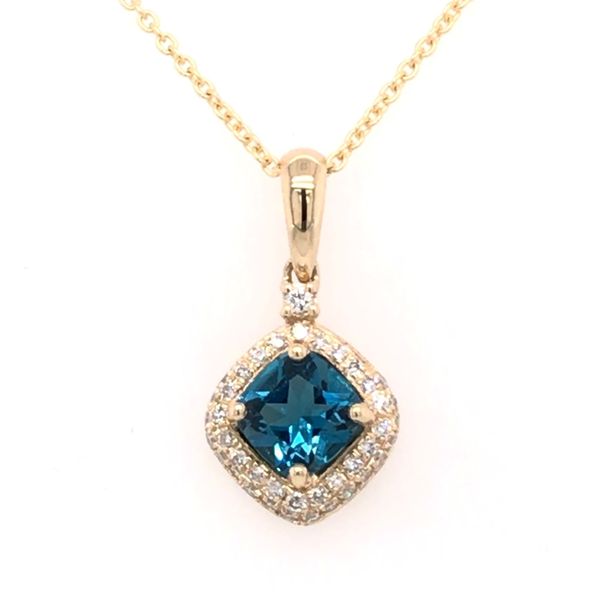 14 Karat Yellow Gold London Blue Topaz and Diamond Pendant Bluestone Jewelry Tahoe City, CA