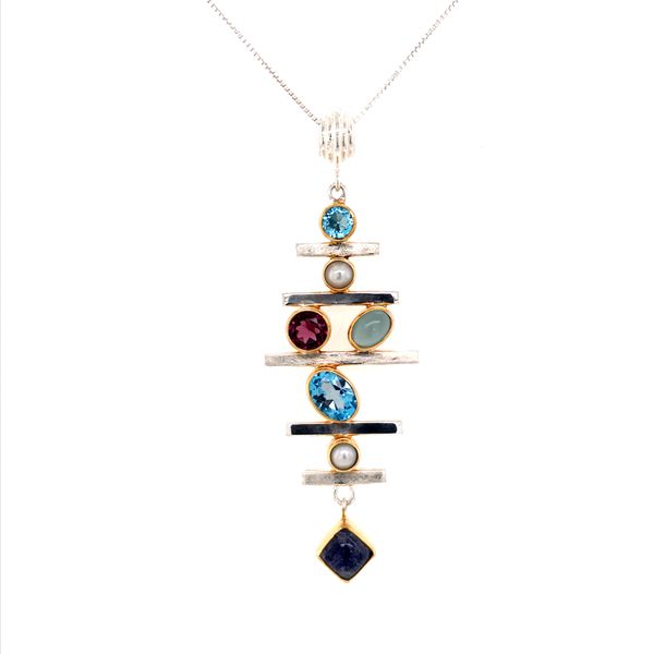 Sterling Silver and 22 Karat YG Pendant with Topaz, Pearl, Rhodolite Garnet, Blue Agate and Moonstone Bluestone Jewelry Tahoe City, CA