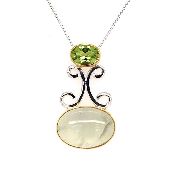 Silver and 22kt YG Pendant with Prehnite and Peridot Bluestone Jewelry Tahoe City, CA