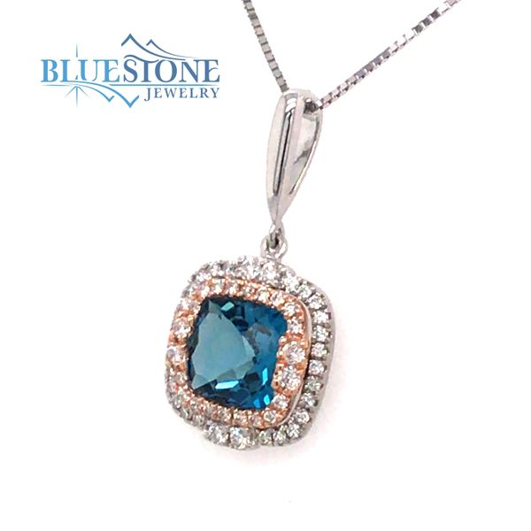 14kt White & Rose Gold Pendant with London Blue Topaz and Diamonds Image 2 Bluestone Jewelry Tahoe City, CA